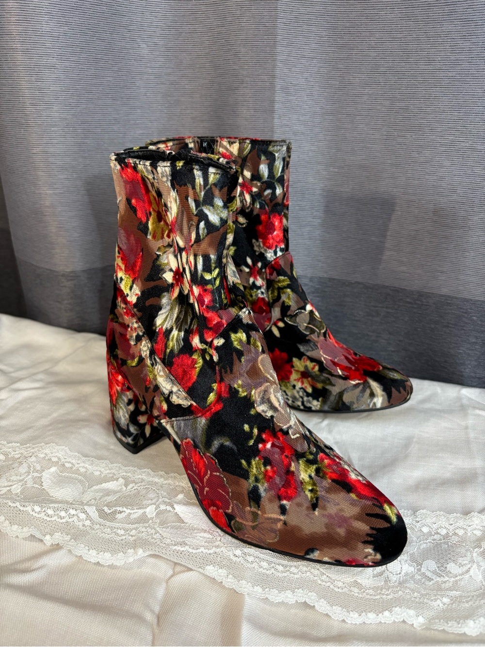 Steve Madden Floral Velvet Ankle Boots - Red Black Brown
